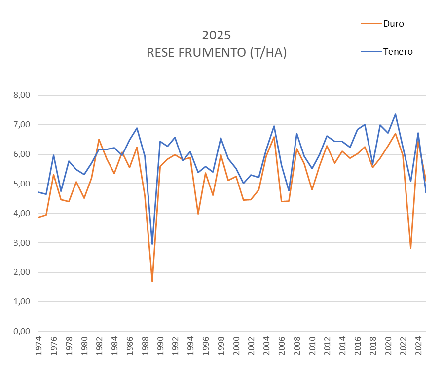 Grafico delle rese di frumento duro e tenero nelle CAB dal 1974 al 2025, in tonnellate per ettaro